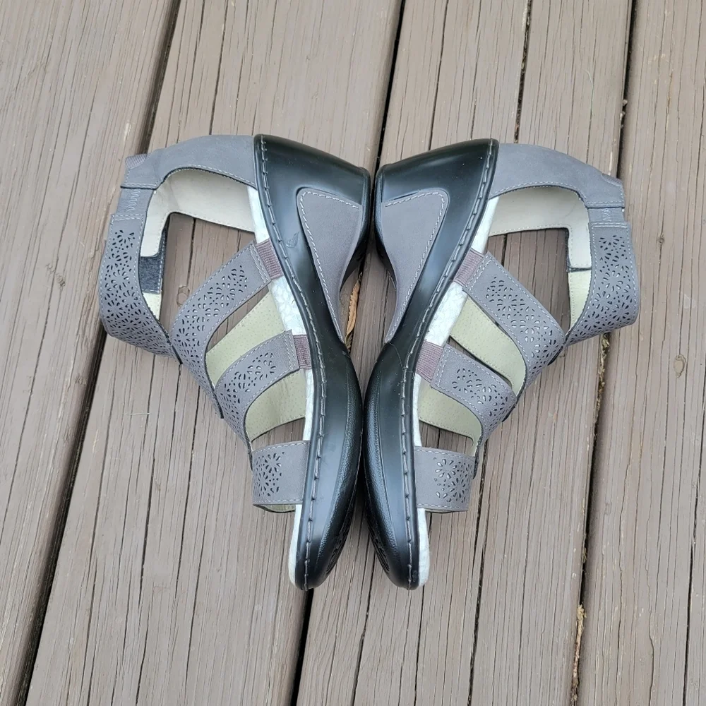 JBU By Jambu Bianca Grey Faux Leather Open Toe Wedge Heel Gladiator Sandals 8‎ - Picture 4 of 9